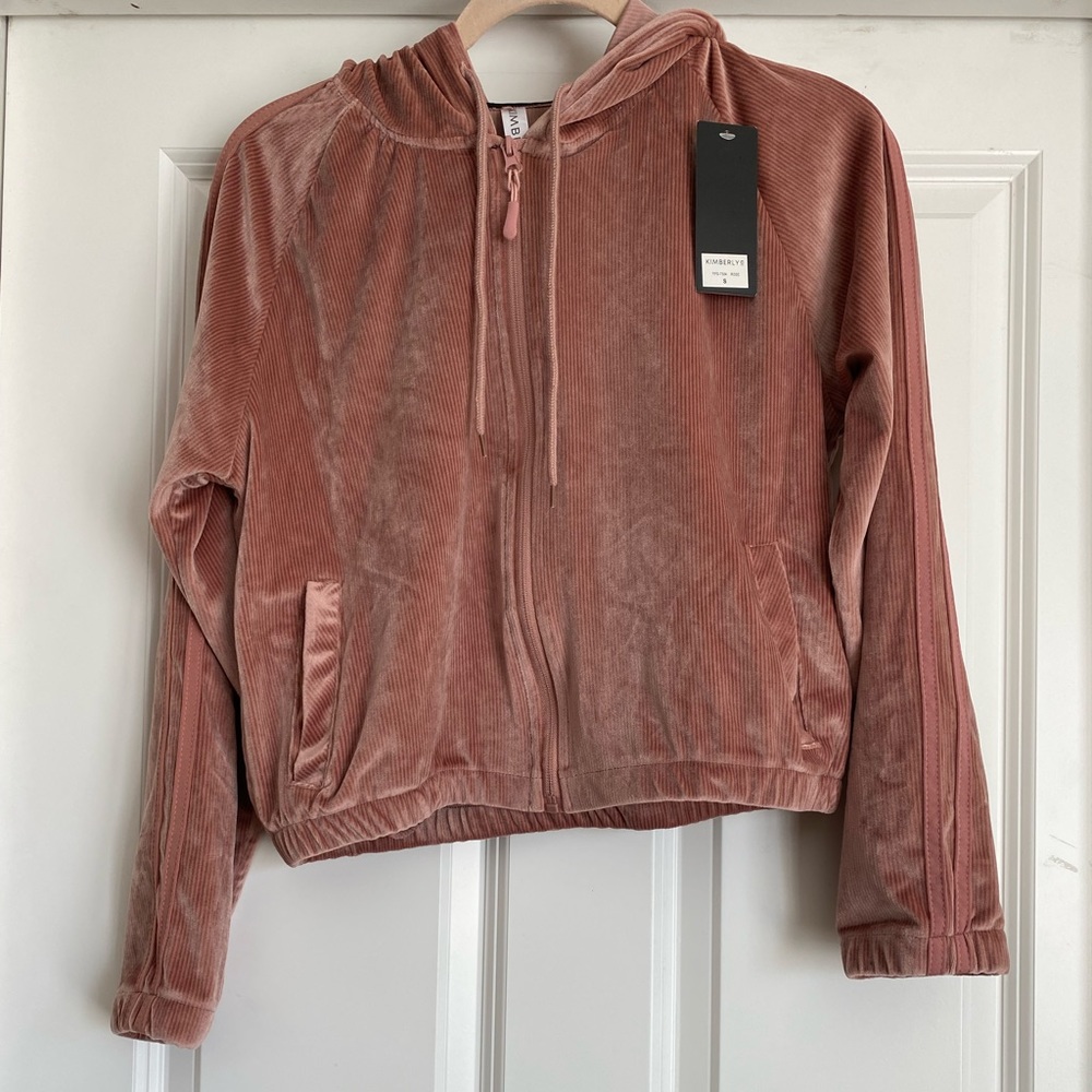 New Kimberly C Size Small Velour Dusty Pink Mauve Rose Zip Up Track Jacket